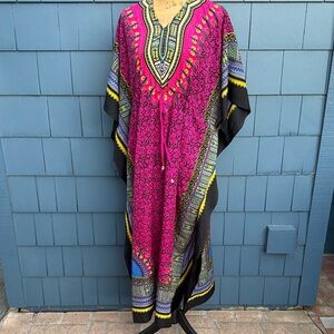 Vibrant Pink and Black Kaftan Dress caftan Mumu ethnic magenta XL